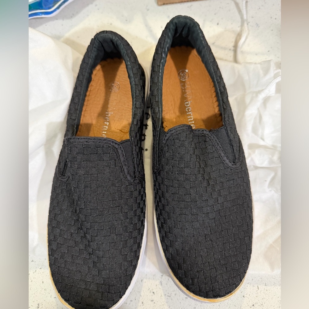 bernie mev. Black Woven Slip-On Loafers